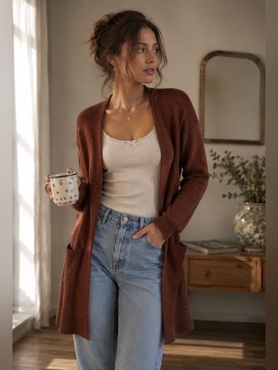 Peyton Primrose Sweaters - Rust Open Front Cardigan Sweater